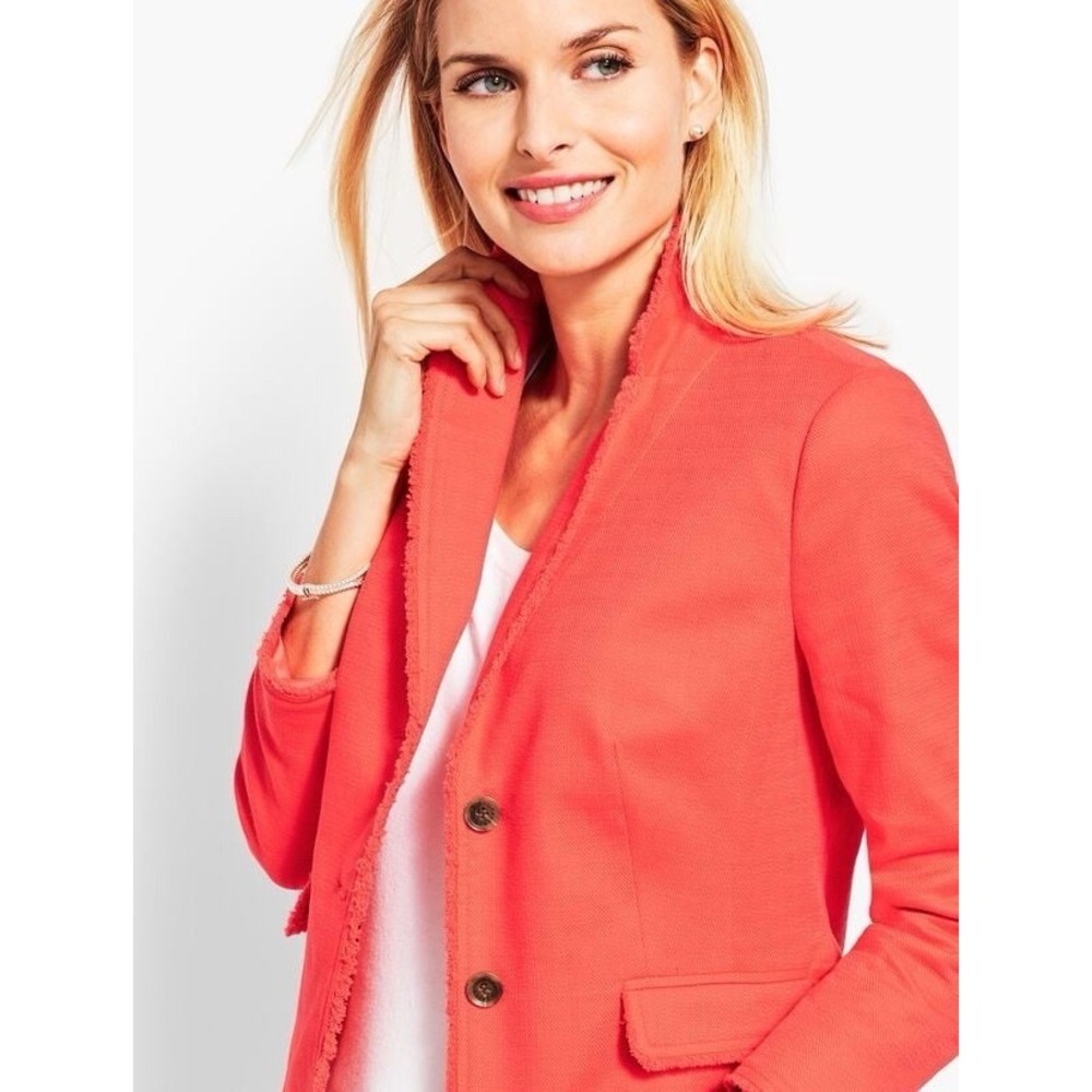 Talbots Navy Stretch Cotton Fringe Trim Textured Jacket Blazer Women's 16W - Picture 3 of 13